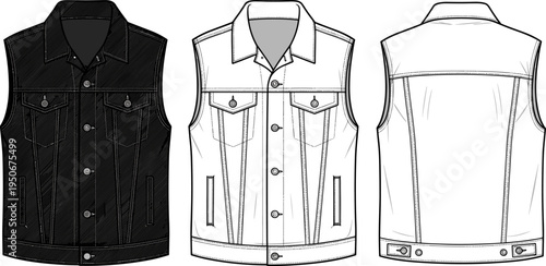 Men Denim Vest Jacket Fashion Technical Drawing Flat Sketch Illustration Set