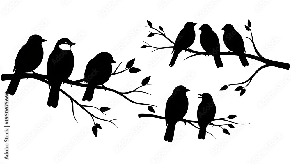 Fototapeta premium Set of 7 bird silhouettes on tree branches