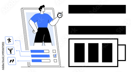 Man with fitness icons on mobile screen next to a charging battery. Ideal for health apps, tracking, self-care, wellness, energy, progress monitoring, exercise. Simple flat metaphor