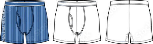 Men's Boxer Briefs Underwear Flat Vector Technical Sketch with Front and Back View
