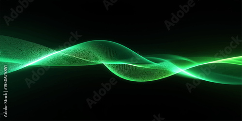 Abstract green glowing wave lines moving across a dark background creating a modern technology style wallpaper design
