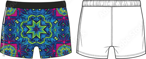 Men’s Boxer Briefs Vector Mockup Set - Patterned Underwear Flat Illustration and Technical Sketch