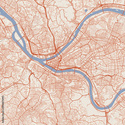 Pittsburgh City Map Sophisticated Geometric Urban Topography Featuring Meticulous Linework and Balanced Composition in a Timeless Minimalist Terracotta Earth Blueprint Aesthetic for Industrial Home.