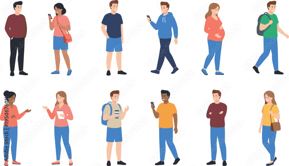 Fototapeta premium Large set of casual lifestyle characters featuring people walking talking using phones and standing in everyday clothing vector illustration.