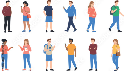 Large set of casual lifestyle characters featuring people walking talking using phones and standing in everyday clothing vector illustration.