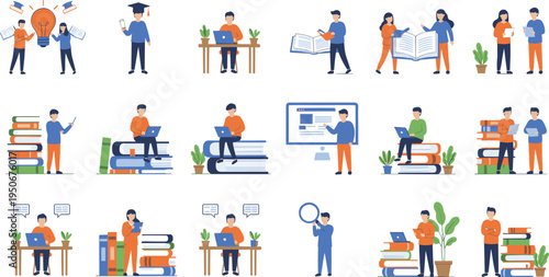 Modern flat vector illustration of diverse students and professionals engaged in online learning, studying, collaboration, and academic research