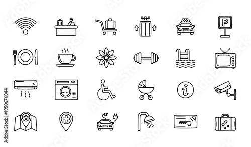 Amenities and services outline icon set with hotel facilities travel service symbols editable stroke vector collection