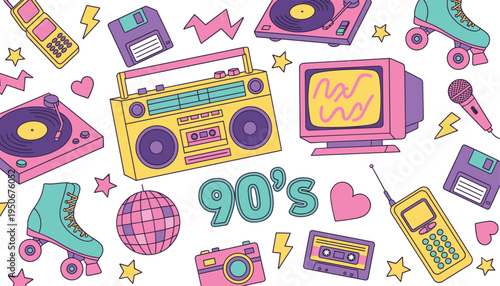 Vector illustration of 1990s nostalgic items including boombox, cassette, floppy disk, roller skates, vintage computer, and mobile phone