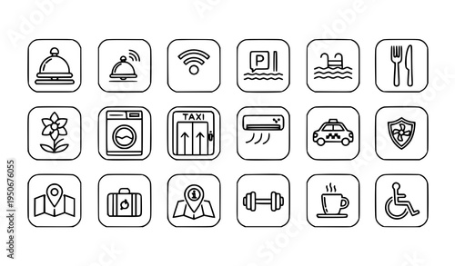 Hotel amenities and services line icons set in rounded square frames modern hospitality vector symbols