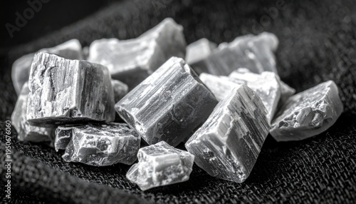Grey brittle germanium crystal chunks, irregular and angular, scattered on a textured dark surface, showcasing its raw elemental form and material properties.