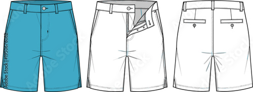 Men's Chino Shorts Flat Vector Technical Sketch Template with Front and Back View