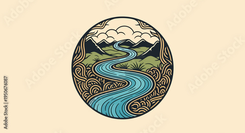 Illustration of River Landscape in Circle.