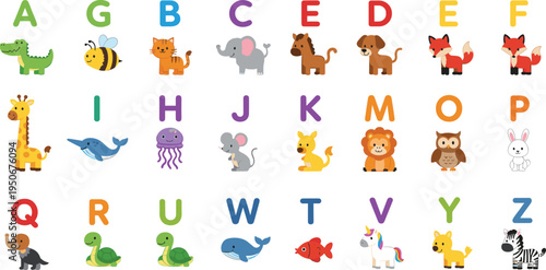 Vector illustration of alphabet chart with cartoon animals for children’s education
