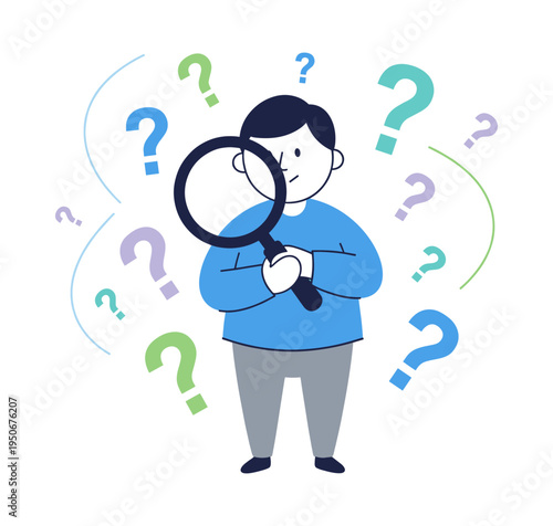 Vector drawing of a person searching for answers and solutions with a magnifying glass, surrounded by question marks