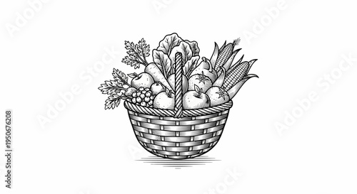 Hand Drawn Basket of Fresh Vegetables.