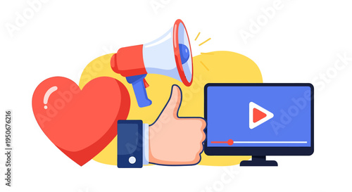 Hand holding megaphone near computer screen.