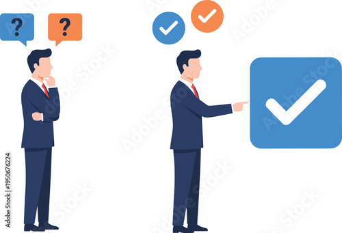 Vector illustration of businessmen making decisions, showing transition from uncertainty with question marks to resolution with checkmarks