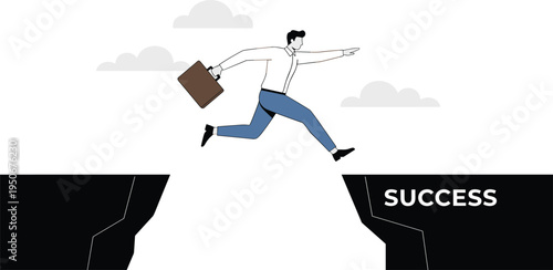 Vector illustration of businessperson leaping across cliff gap toward success symbolizing achievement, challenge, and motivation