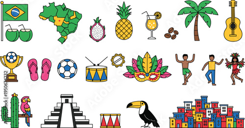 Vector illustration of Brazilian and Latin American culture icons including food, dance, music, sports, and nature