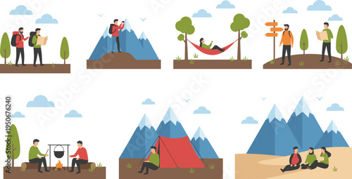 Vector illustration of camping and hiking activities including navigation, photography, relaxation, and campfire cooking