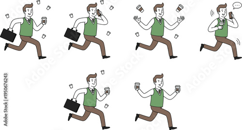 Vector illustration of cartoon businessman running with coffee, phone, and briefcase showing multitasking and hectic lifestyle