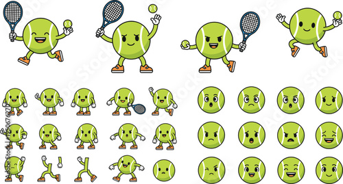 Vector illustration of cartoon tennis ball characters with rackets and emotions for sports and educational design