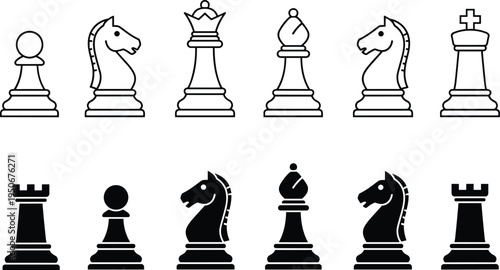 Vector illustration of chess pieces icons showing white outlined and black solid designs for strategy and board game