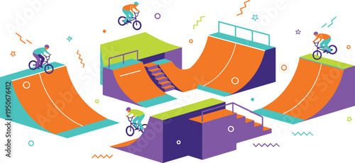 Vector illustration of colorful skatepark with BMX riders performing tricks on ramps, half‑pipes, and obstacles