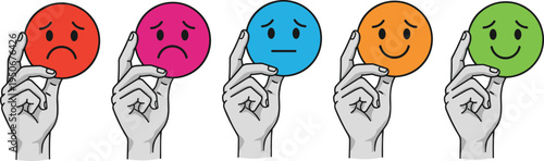 Vector illustration of diverse hands holding colorful emotion faces showing sadness, neutrality, and happiness expressions