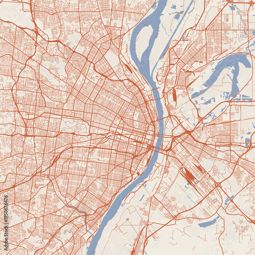 St. Louis City Map Sophisticated Geometric Urban Topography Featuring Meticulous Linework and Balanced Composition in a Timeless Minimalist Terracotta Earth Blueprint Aesthetic for Modern Decor.