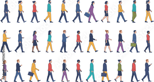 Vector illustration of diverse people walking in profile view with business and casual attire