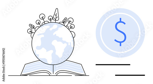 Open book with Earth globe sprouting plants, juxtaposed with a dollar coin. Ideal for education, sustainability, finance, environmentalism, innovation, global growth and literacy. Simple flat