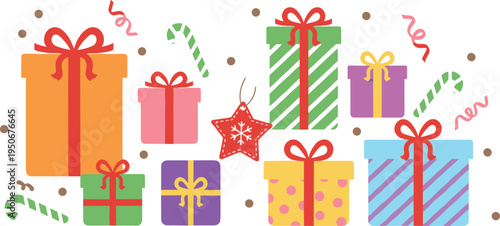 Vector illustration of festive gift boxes, candy canes, and holiday decorations