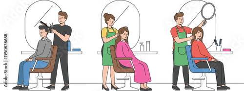 Vector illustration of hair salon scenes showing styling, drying, and client interaction