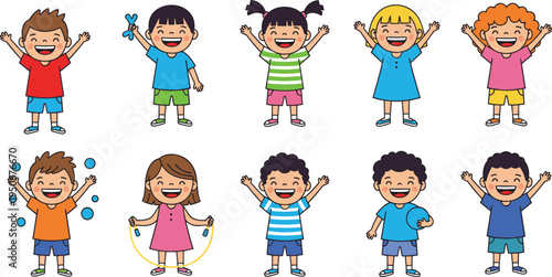 Vector illustration of happy children playing with toys and engaging in joyful activities