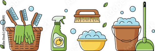 Vector illustration of household cleaning supplies including brushes, gloves, spray bottle, soap suds, bucket, and dustpan
