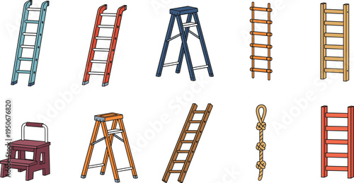 Vector illustration of multiple ladder designs including rope, wooden, step, and stool variations for climbing and support