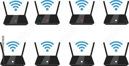 Vector illustration of multiple Wi‑Fi routers with antennas and signal icons showing active and inactive network status lights