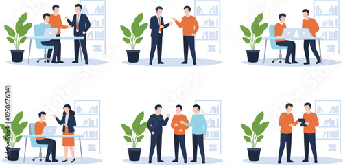 Vector illustration of office teamwork, collaboration, and communication among colleagues in professional workplace environment