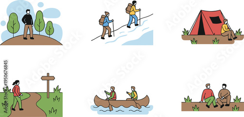 Vector illustration of outdoor activities including hiking, camping, canoeing, and nature exploration