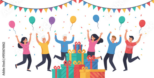 Vector illustration of people celebrating with balloons, confetti, and gift boxes