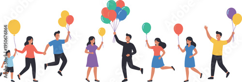 Vector illustration of people celebrating with colorful balloons in a festive atmosphere