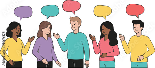 Vector illustration of people engaged in conversation with colorful speech bubbles representing communication, dialogue, and social interaction