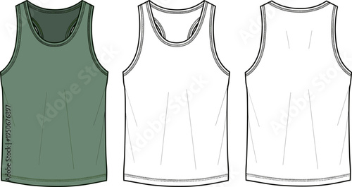 Men's Racerback Tank Top Flat Technical Sketch, Olive Green Athletic Vest Fashion Design Illustration