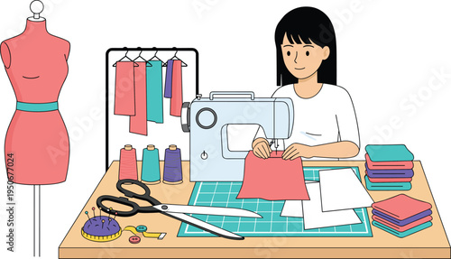 Vector illustration of sewing workstation with person using machine, fabrics, scissors, threads, buttons, and dress form