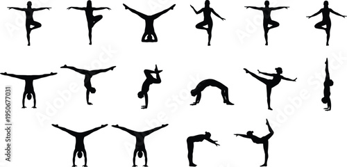Vector illustration of silhouettes performing yoga and gymnastic poses showing balance, flexibility, strength, and movement