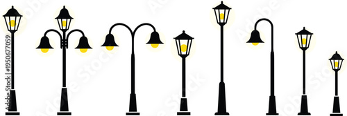 Vector illustration of street lamp designs with varied styles and illuminated lights