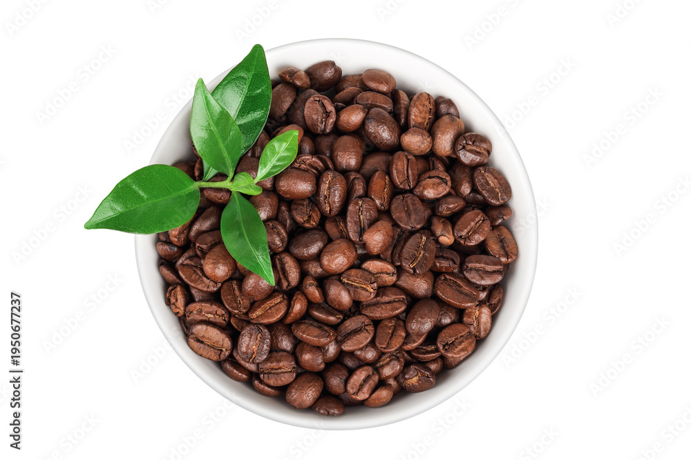 Fototapeta premium Coffee beans in ceramic bowl isolated on a white background. Top view
