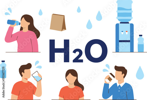 Vector illustration promoting hydration with people drinking water and H₂O symbol