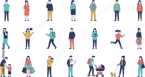 Cartoon vector illustration of diverse people performing everyday urban activities including walking, shopping, parenting, reading, and social interaction